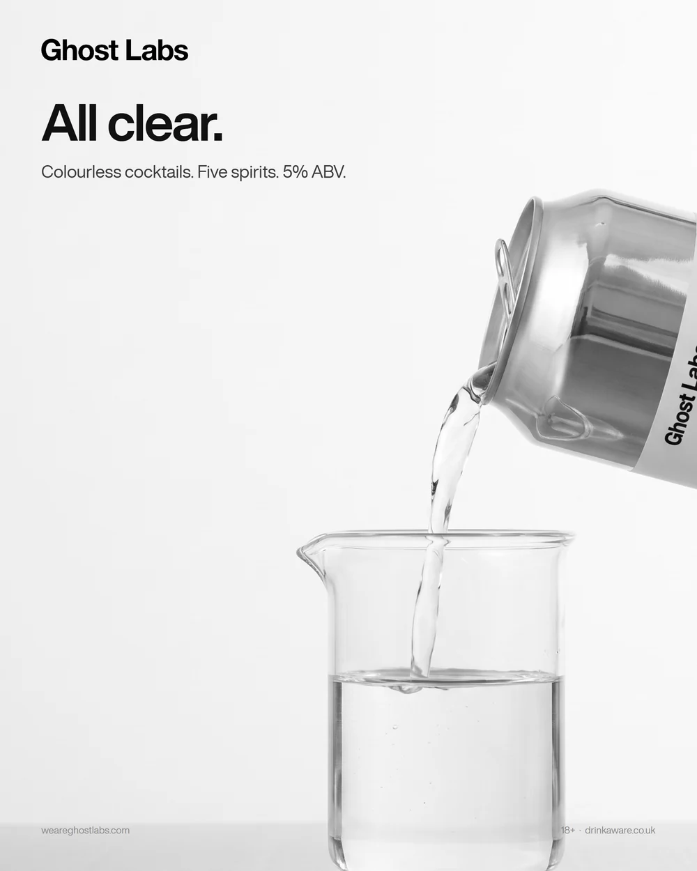 Ghost Labs ad, a can pouring a colourless cocktail into a lab beaker, headline All clear