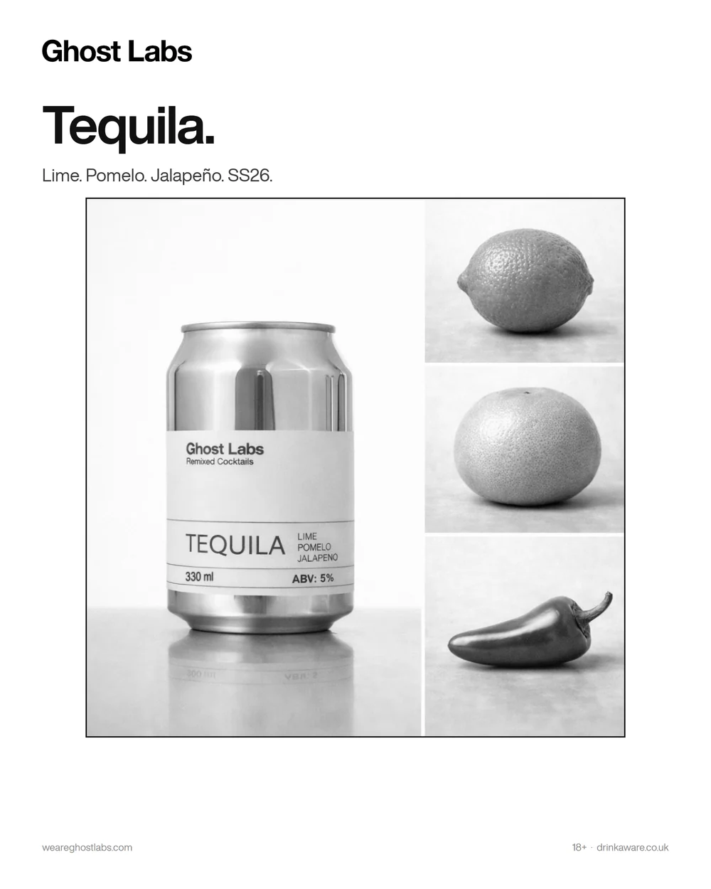 Ghost Labs tequila ad, the can beside its three ingredients in a framed grid