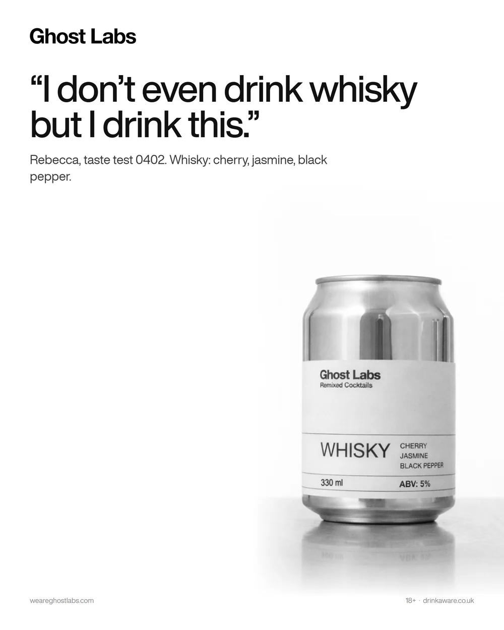 Ghost Labs ad quoting a taste tester: I don't even drink whisky but I drink this