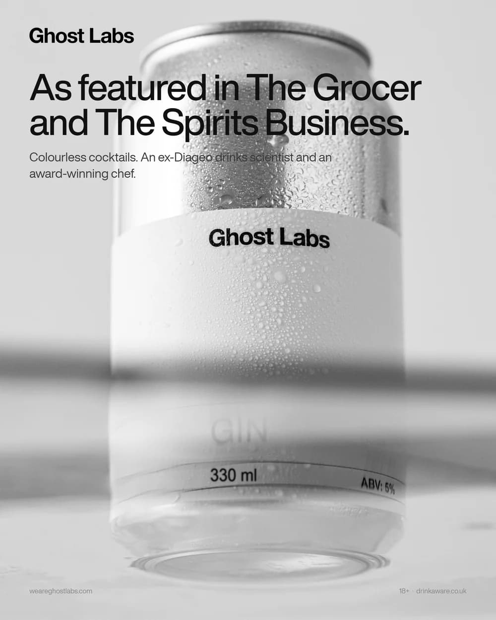 Ghost Labs ad naming The Grocer and The Spirits Business over a wet can