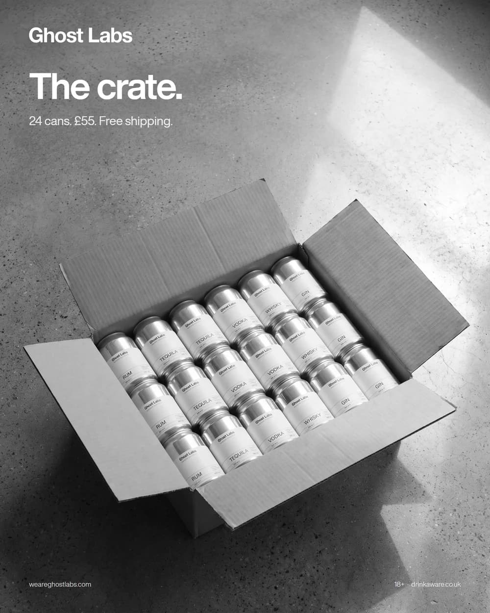Ghost Labs ad of an open 24-can crate on a concrete floor, headline The crate