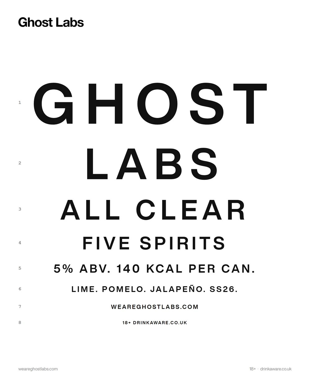 Ghost Labs ad set as an optician's eye chart reading Ghost Labs, all clear, five spirits