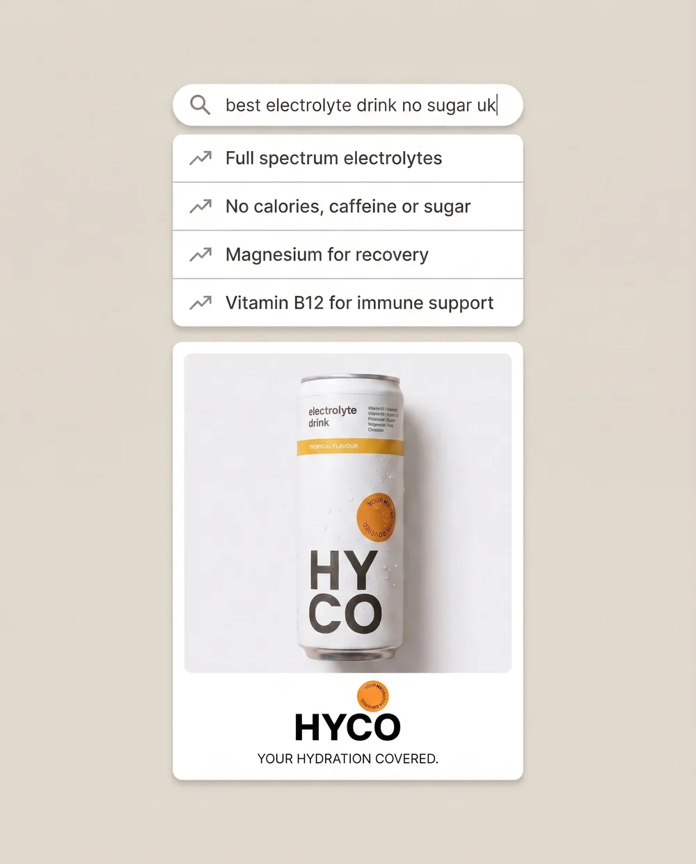 Static ad built as a mock search interface answering a hydration query