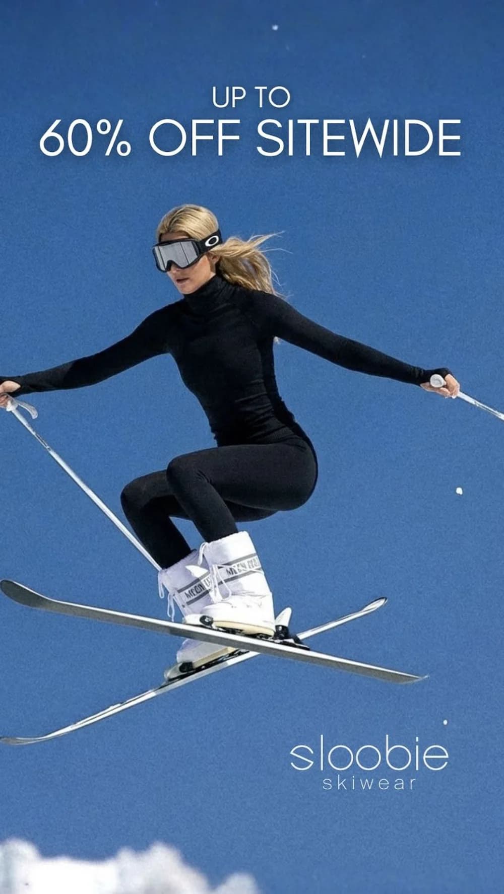 Skiwear ad, skier mid-jump against blue sky, up to 60% off sitewide