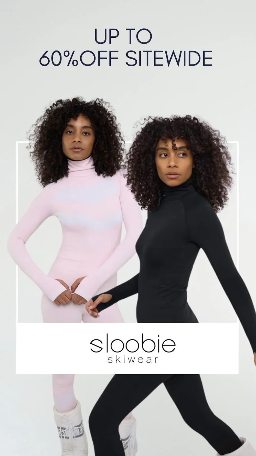 Skiwear ad with product callouts and press logos along the bottom