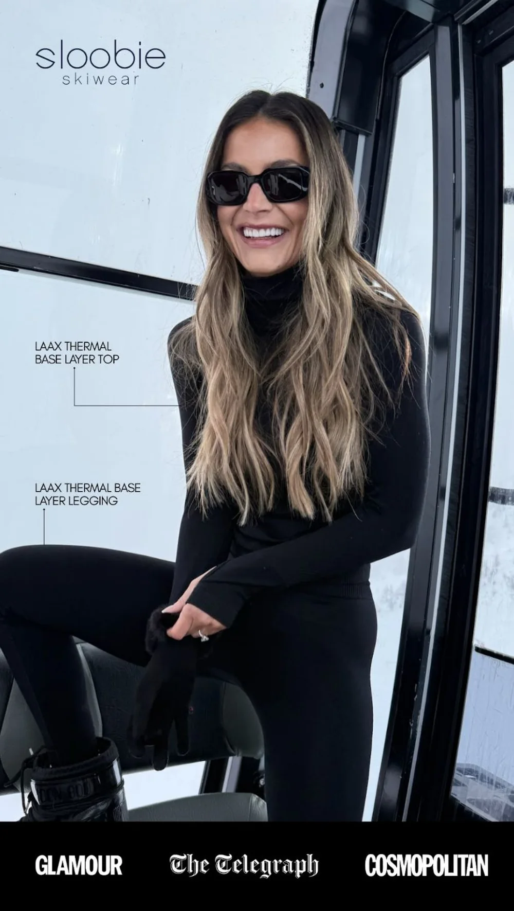 Skiwear ad with three feature icons across the top over a mountain shot